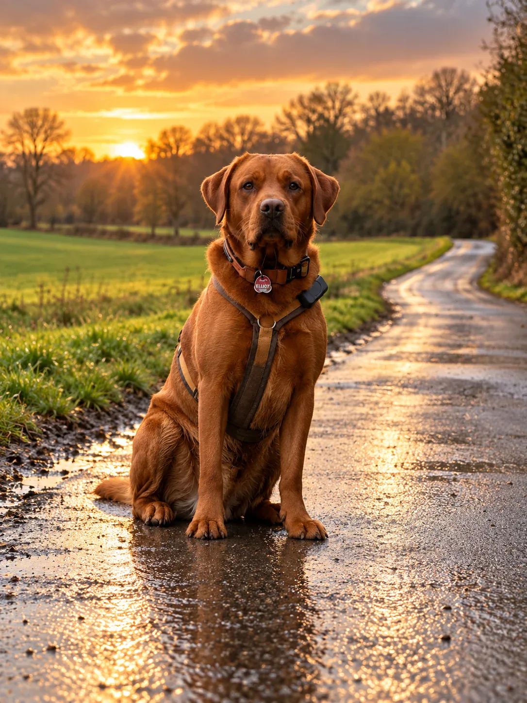 Fox Red Labrador Deckrüde Chief Elliot im goldenen Abendlicht