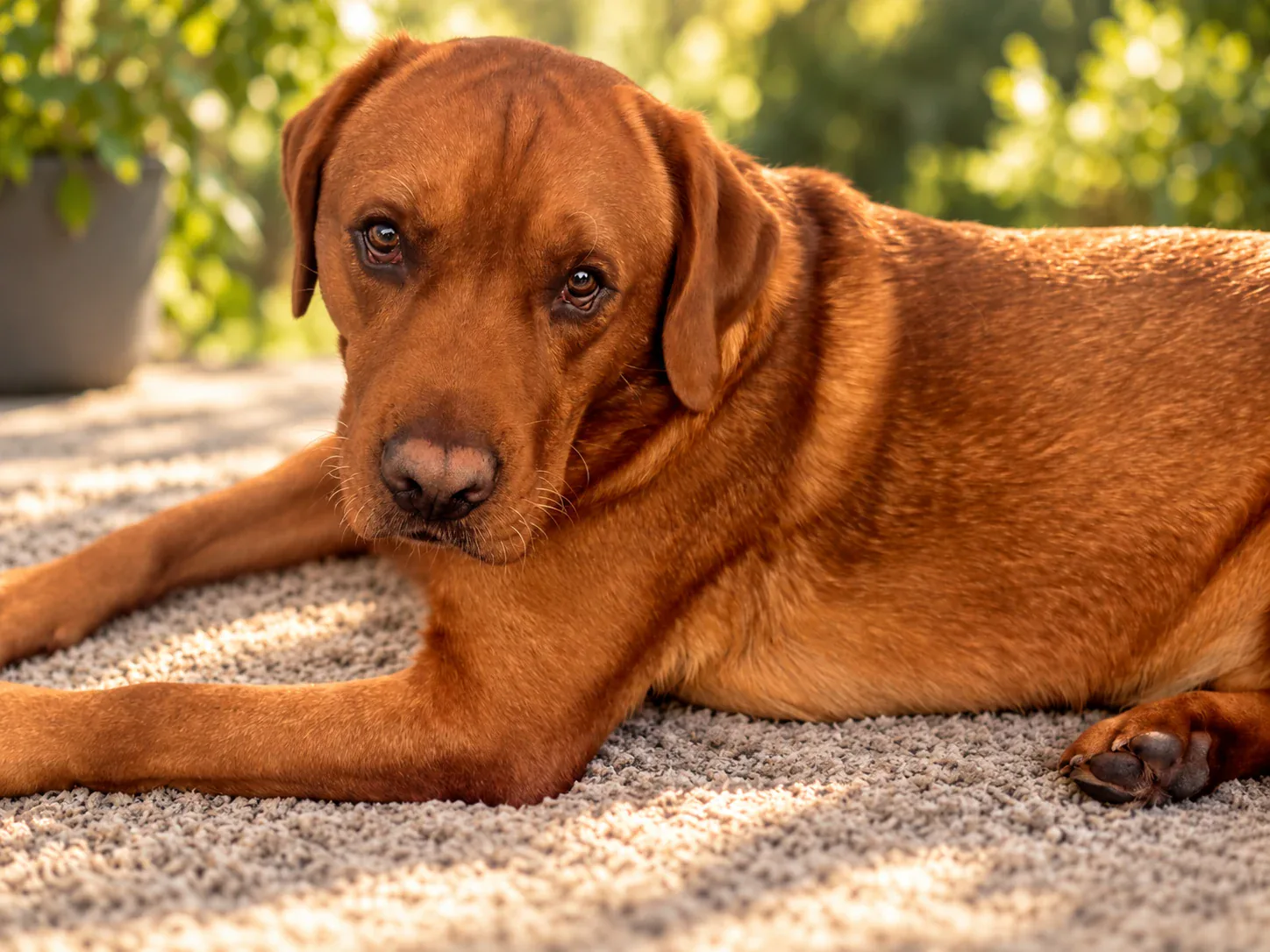 Fox Red Labrador Chief Elliot entspannt im warmen Gartenlicht
