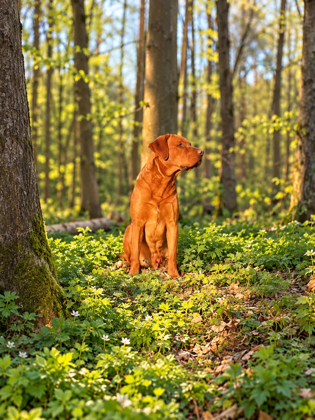 Chief Elliot, Fox Red Labrador Retriever aus Showlinie, im goldenen Waldlicht