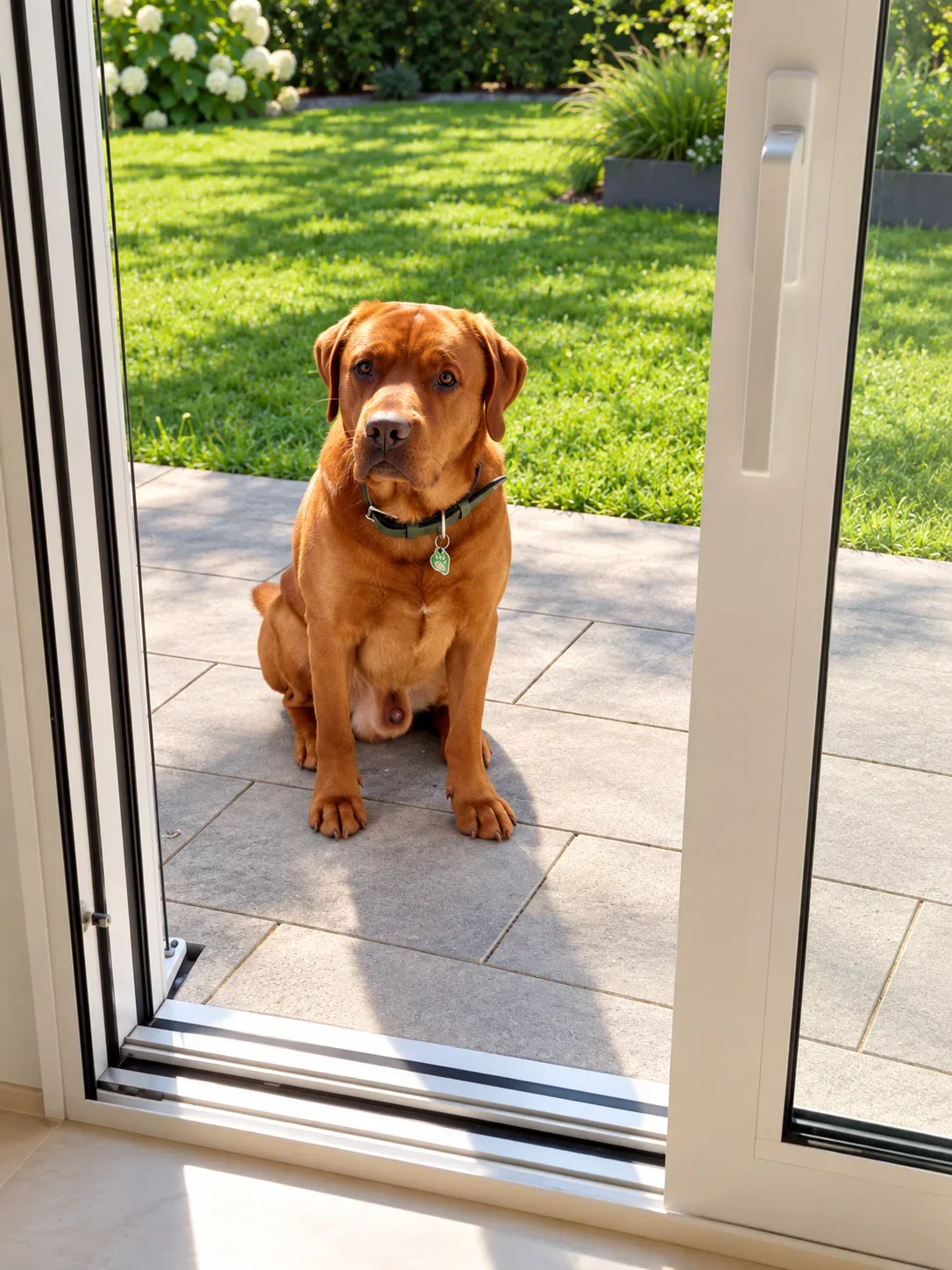 Chief Elliot an der Terrassentür mit Blick in den Garten