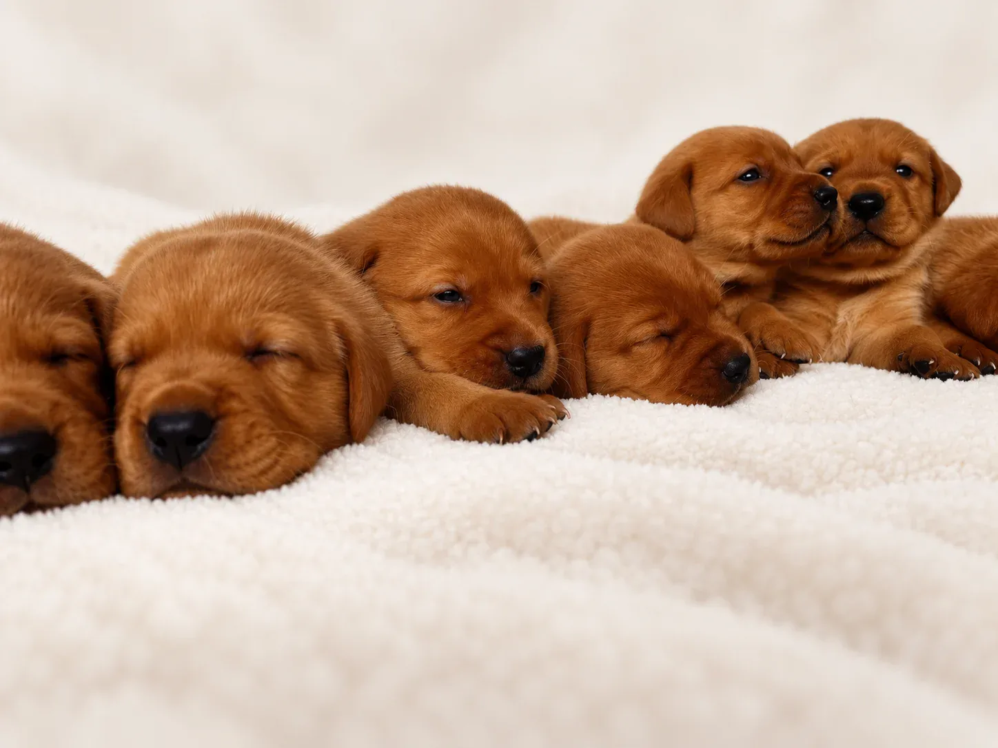 Gruppe junger Fox Red Labrador Welpen aus Chief Elliots Nachzucht
