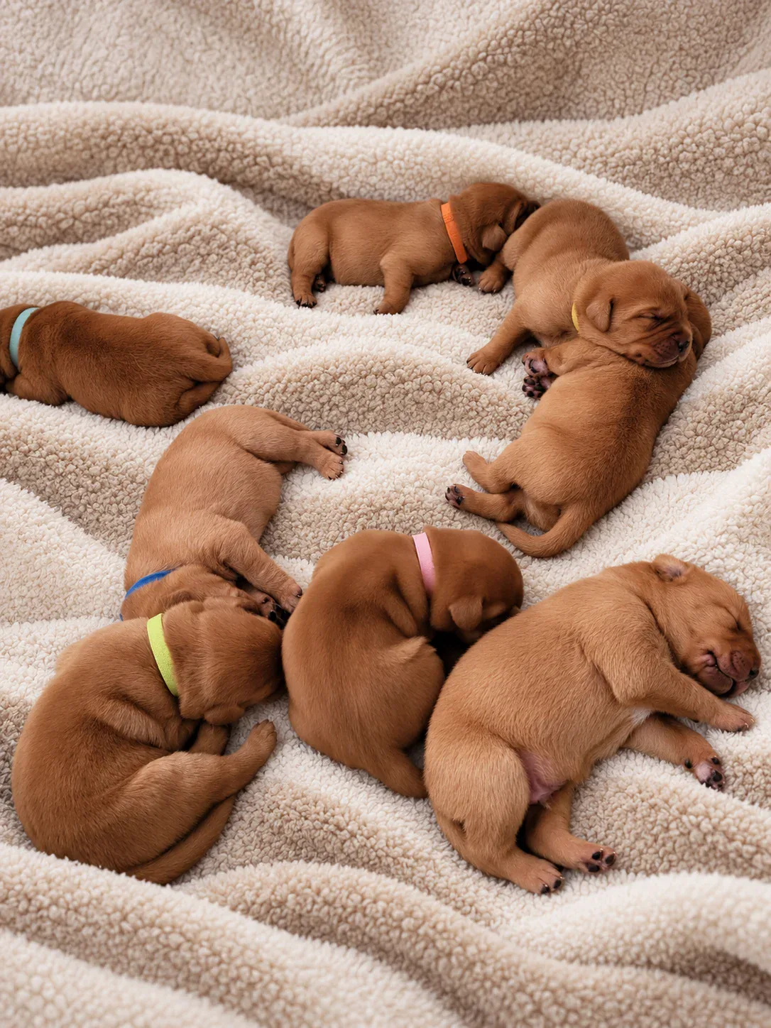 Junge Fox Red Labrador Welpen aus Chief Elliots Nachzucht schlafend auf einer Decke